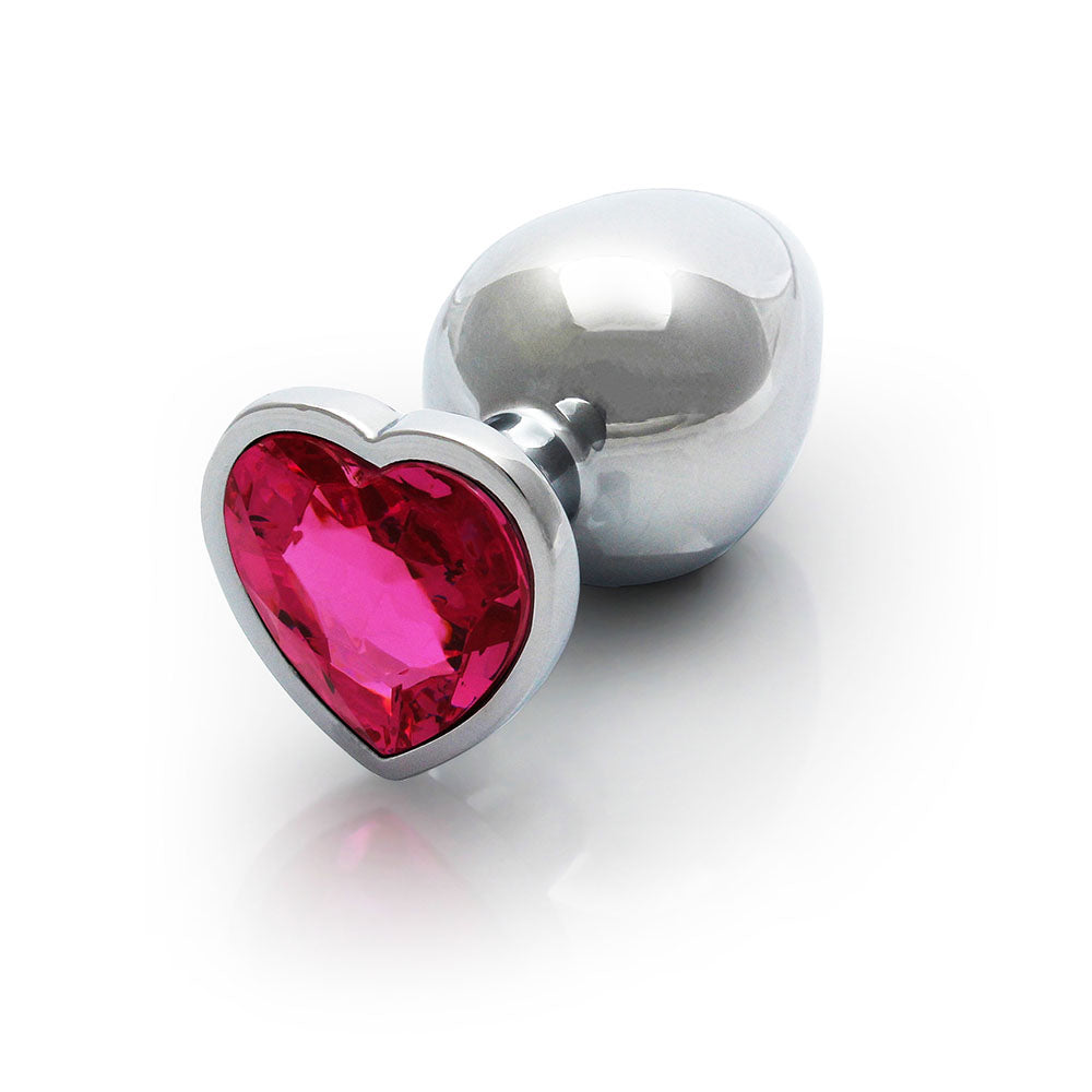 Ouch! Heart Gem Butt Plug Medium - Silver with Rubellite Pink Jewel