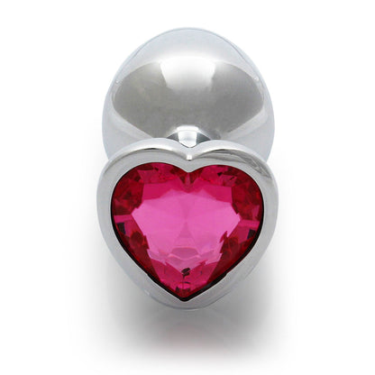 Ouch! Heart Gem Butt Plug Medium - Silver with Rubellite Pink Jewel