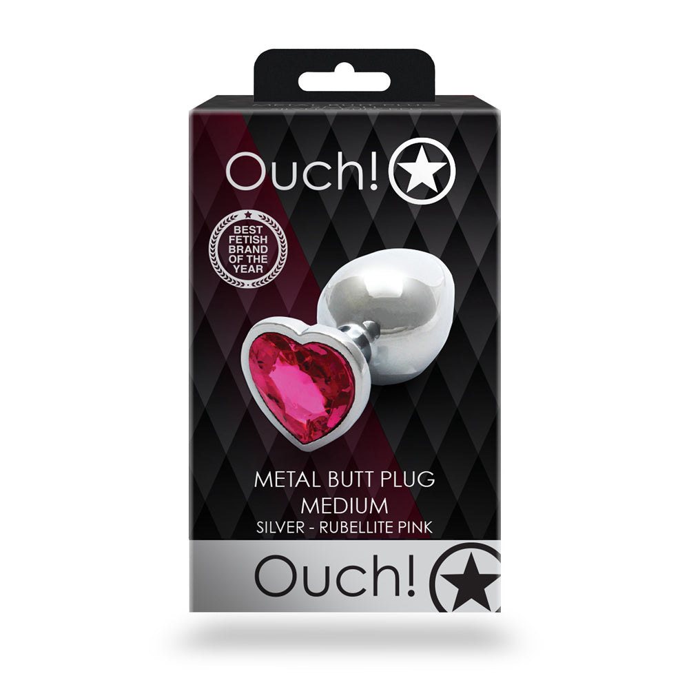 Ouch! Heart Gem Butt Plug Medium - Silver with Rubellite Pink Jewel