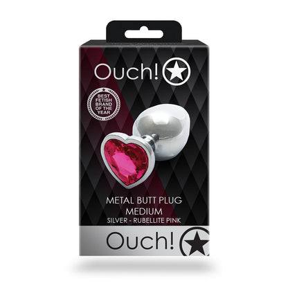 Ouch! Heart Gem Butt Plug Medium - Silver with Rubellite Pink Jewel