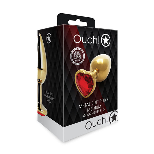 Ouch! Heart Gem Butt Plug Medium - Gold and Ruby Red