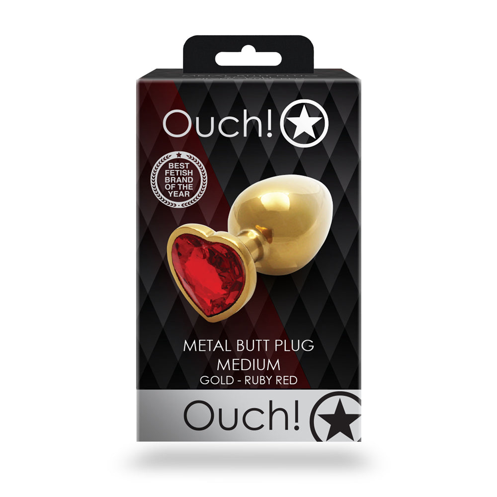 Ouch! Heart Gem Butt Plug Medium - Gold and Ruby Red