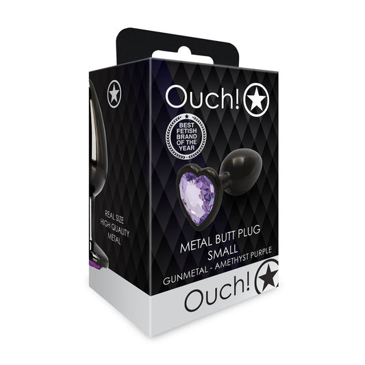 Ouch! Heart Gem Butt Plug Small - Gunmetal & Amethyst