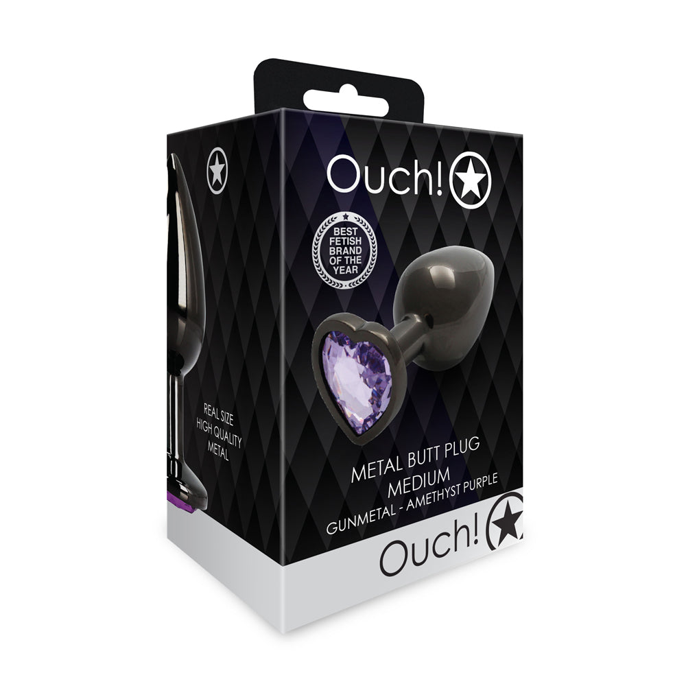 Ouch! Heart Gem Butt Plug Medium - Gunmetal/Amethyst