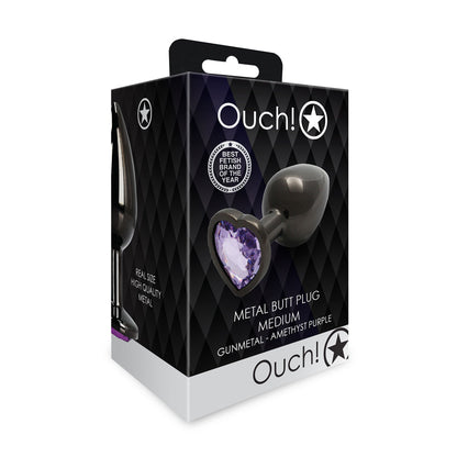 Ouch! Heart Gem Butt Plug Medium - Gunmetal/Amethyst