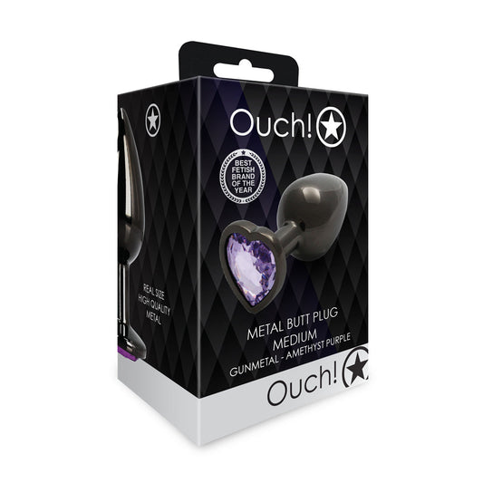 Ouch! Heart Gem Butt Plug Medium - Gunmetal/Amethyst