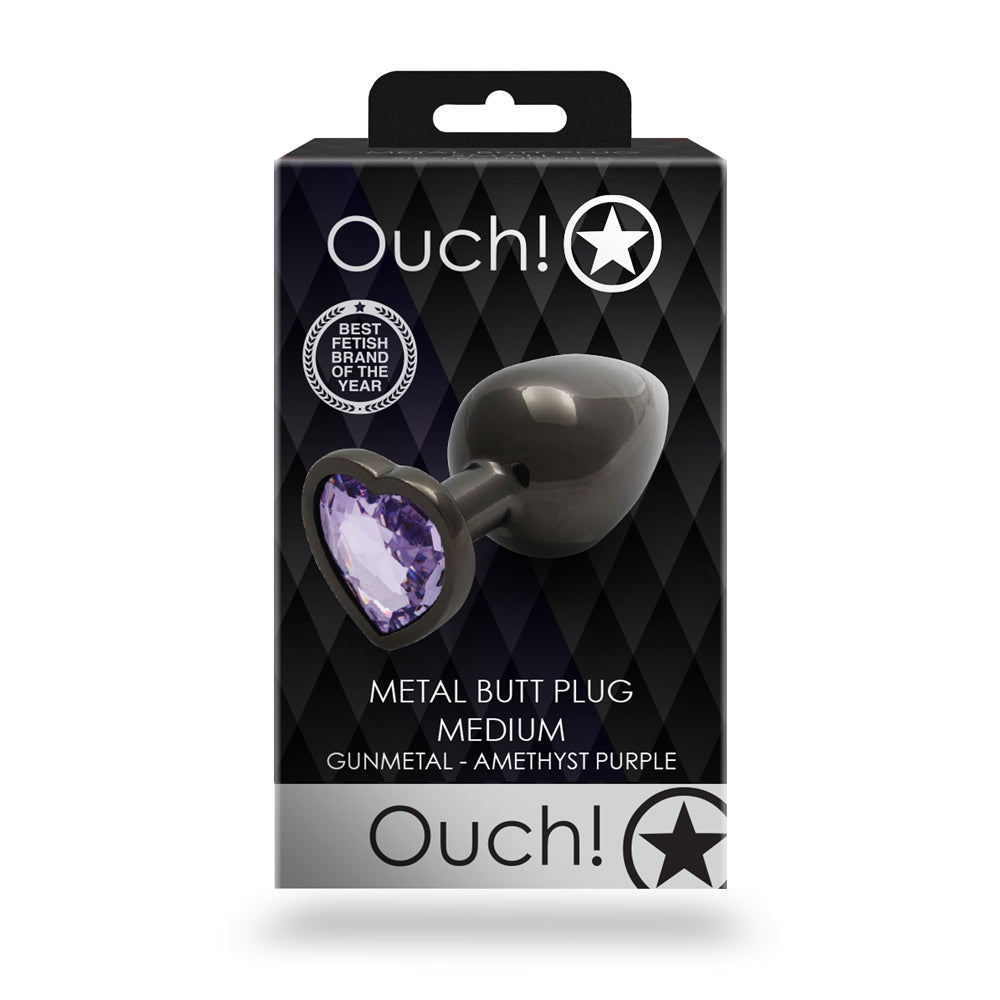 Ouch! Heart Gem Butt Plug Medium - Gunmetal/Amethyst