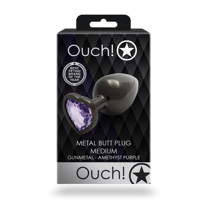 Ouch! Heart Gem Butt Plug Medium - Gunmetal/Amethyst