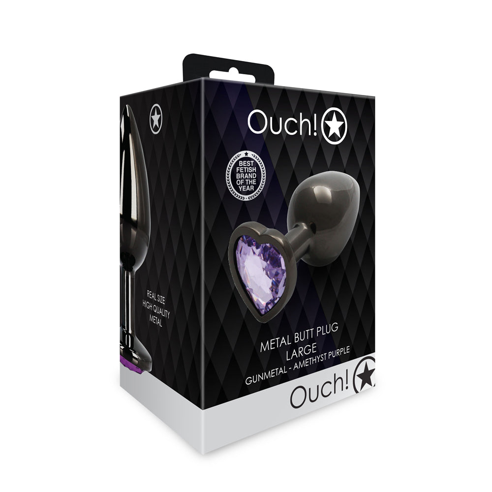 Ouch! Heart Gem Butt Plug Large - Gunmetal/Amethyst - Metal