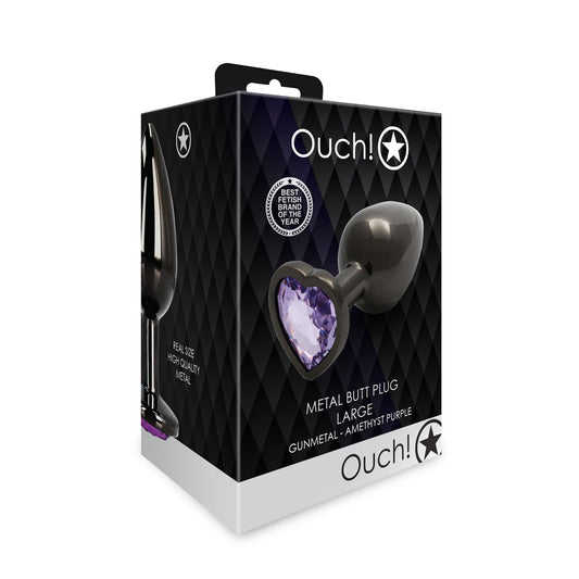 Ouch! Heart Gem Butt Plug Large - Gunmetal/Amethyst - Metal