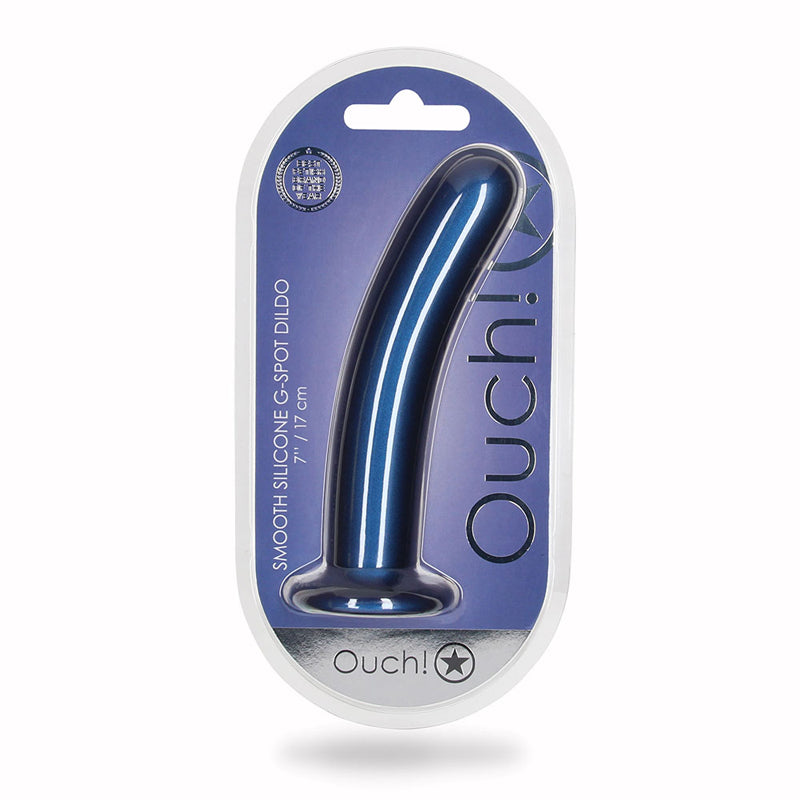 Ouch! Smooth Silicone 7 in. G-Spot Dildo with Strong Suction Cup - Metallic Blue
