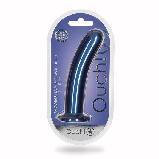 Ouch! Smooth Silicone 7 in. G-Spot Dildo with Strong Suction Cup - Metallic Blue