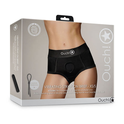 Ouch! Vibrating Strap-on Brief - Black - XS/S - Mid-rise with 10-speed Vibrating Bullet