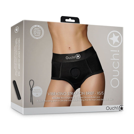 Ouch! Vibrating Strap-on Brief - Black - XS/S - Mid-rise with 10-speed Vibrating Bullet
