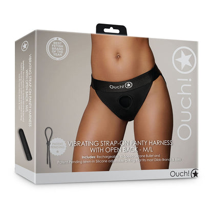 Ouch! Vibrating Strap-on Panty Harness with Open Back – Black, M/L