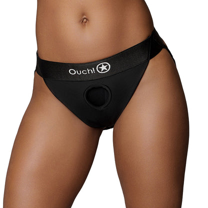 Ouch! Vibrating Strap-on Panty Harness with Open Back – Black, M/L