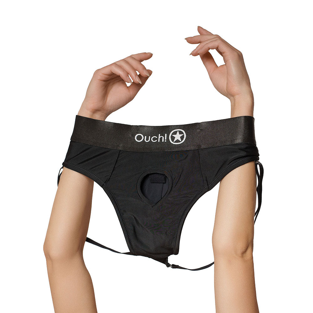Ouch! Vibrating Strap-on Panty Harness with Open Back – Black, M/L
