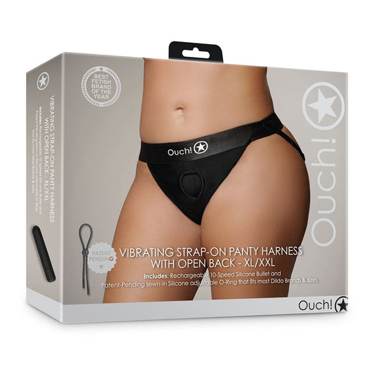 Ouch! Vibrating Strap-on Panty Harness with Open Back – Black XL/2XL