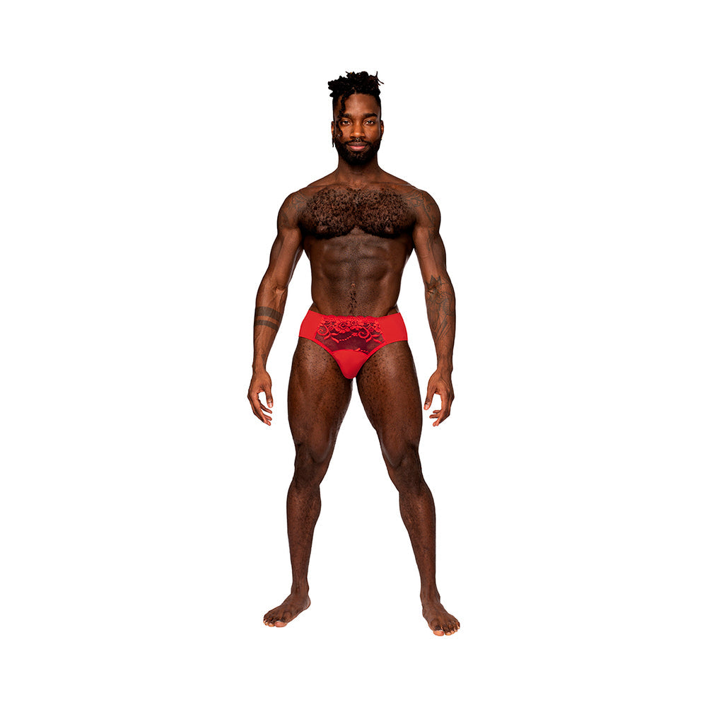 Male Power Sassy Lace Bikini Solid Pouch – Red – Size L