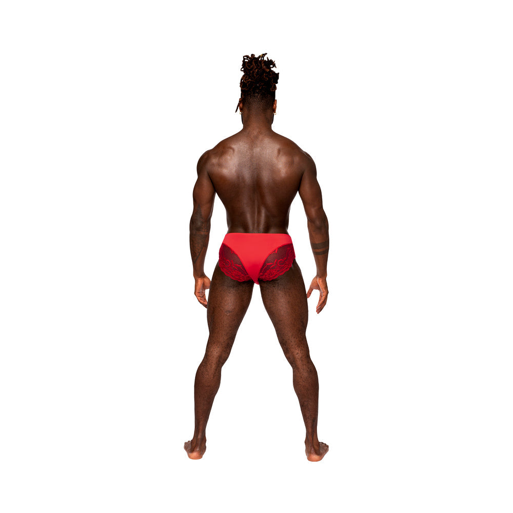 Male Power Sassy Lace Bikini Solid Pouch – Red – Size L