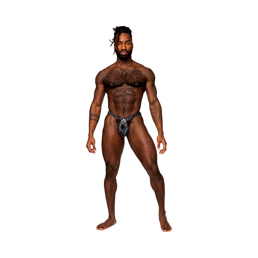 Male Power S'naked Criss Cross Thong – Elasticized C-Ring Pouch – Black/Blue – Size S/M