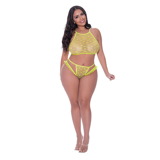 Magic Silk Love Star Halter Crop Bra & Cheeky Panty Set – Neon Chartreuse – Queen Size