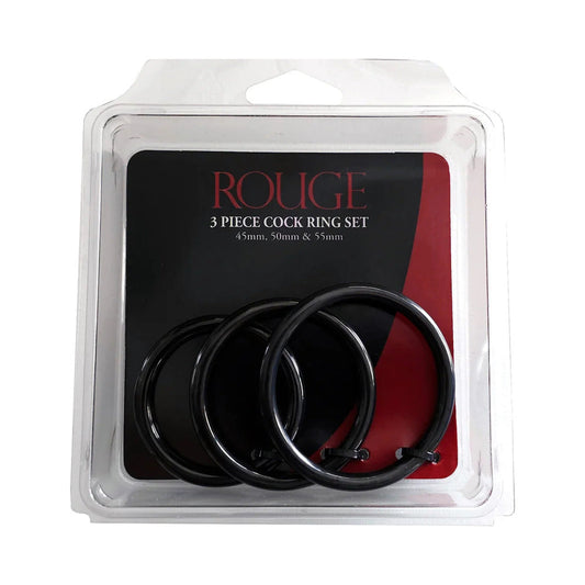 Rouge Stainless Steel 3 Piece Cock Ring Set – Black (45mm, 50mm, 55mm)