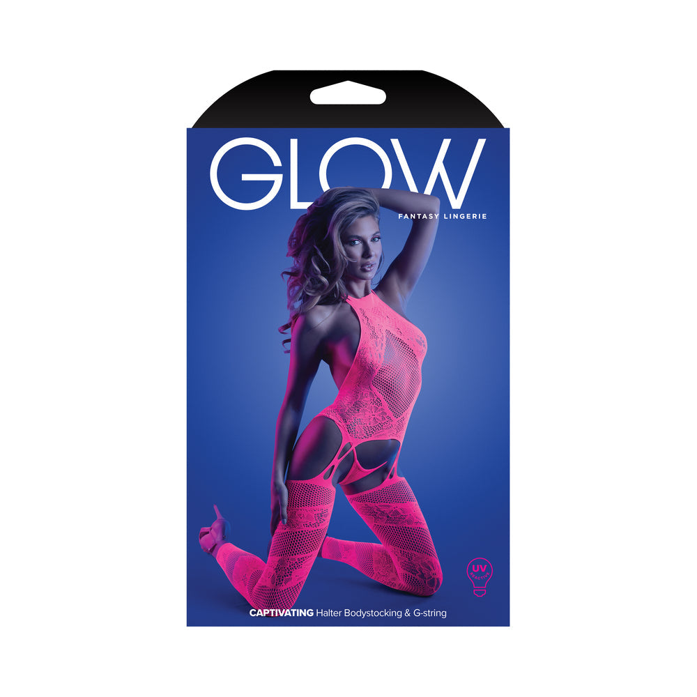 Fantasy Lingerie Glow Captivating High Neck Halter Bodystocking & G-String Set - Neon Pink