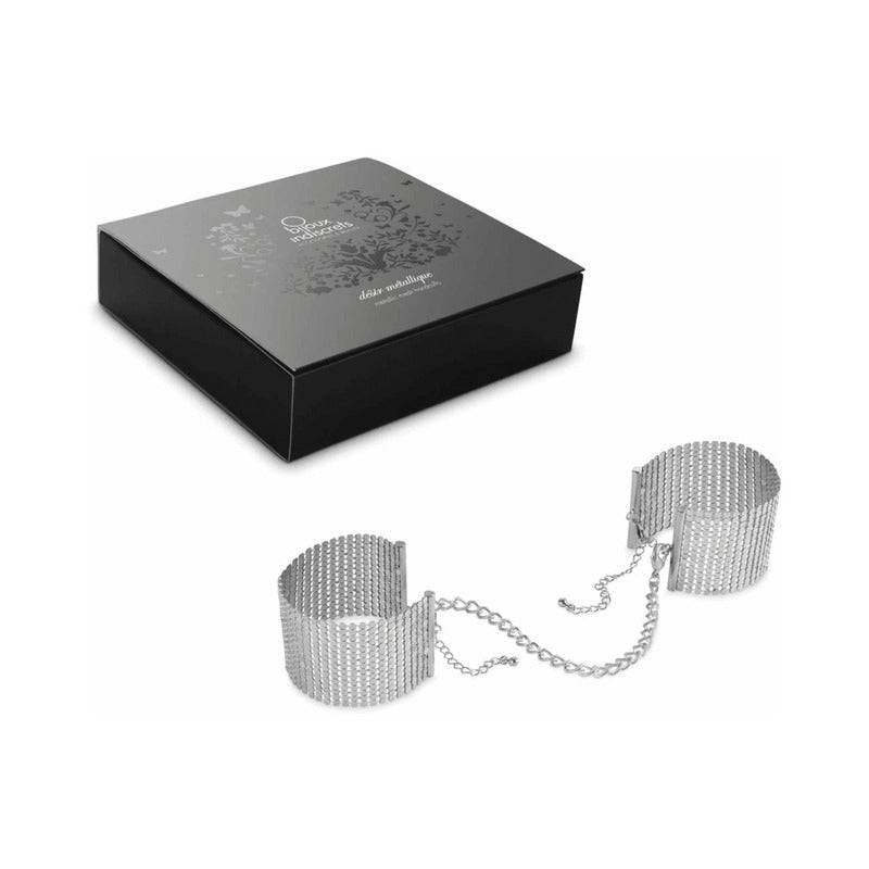 Bijoux Indiscrets Desir Metallique Mesh Handcuffs with Chain – Silver