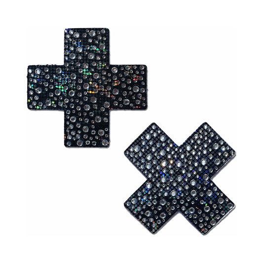 Pastease Crystal Silver Cross Nipple Pasties - Black