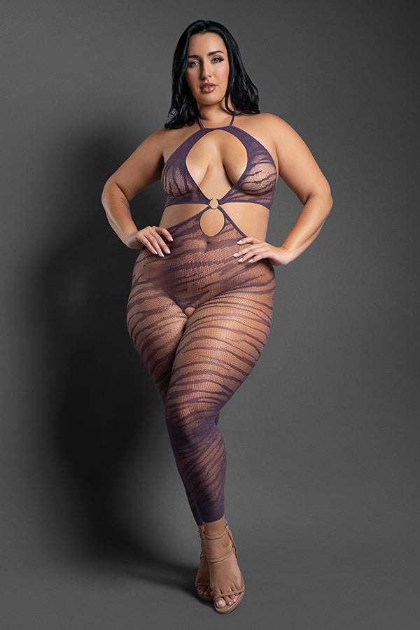 Fantasy Lingerie Set Me Free Footless Open Crotch Bodystocking – Dark Purple