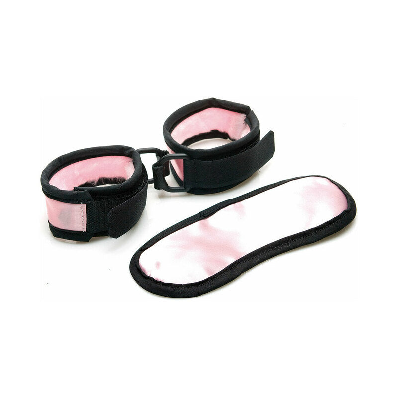 Foxtails Sex Kitten Mask & Cuff Set – Light Pink Satin with Black Trim