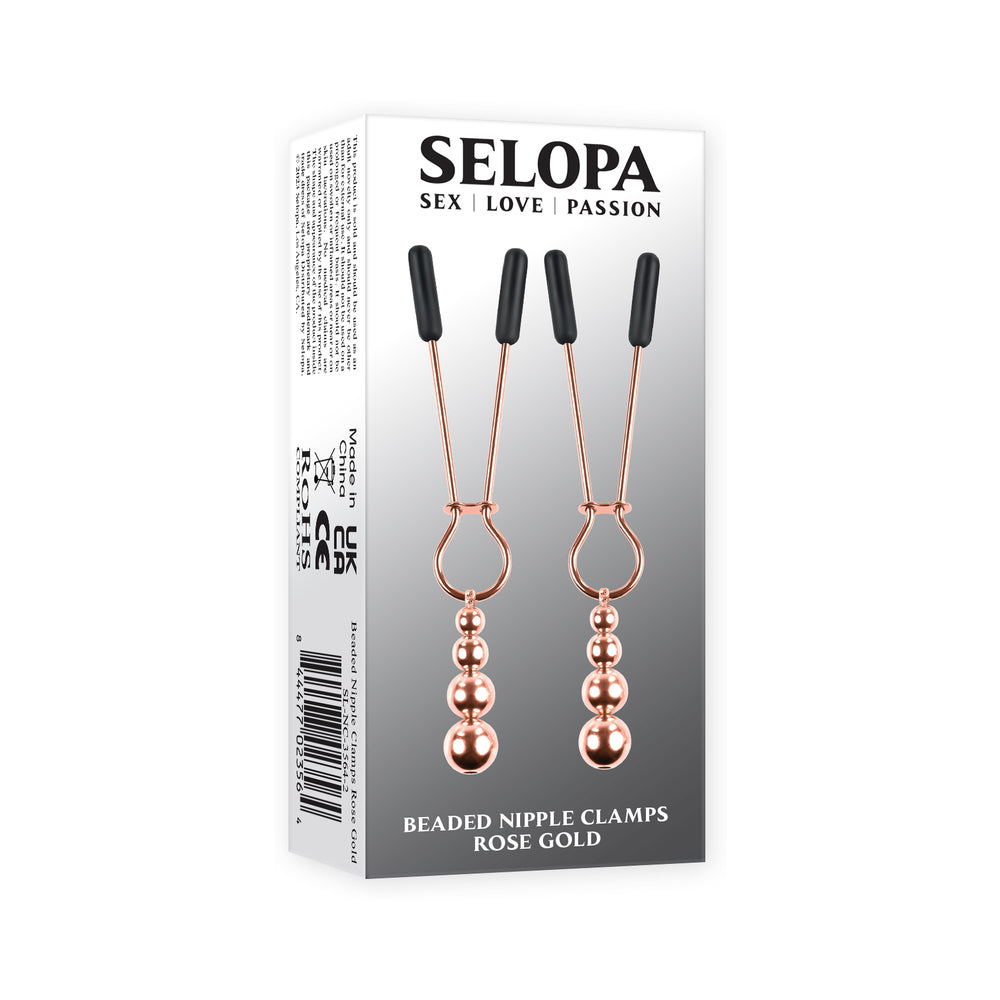 Selopa Beaded Nipple Clamps - Rose Gold - Stainless Steel with Hanging Beads
