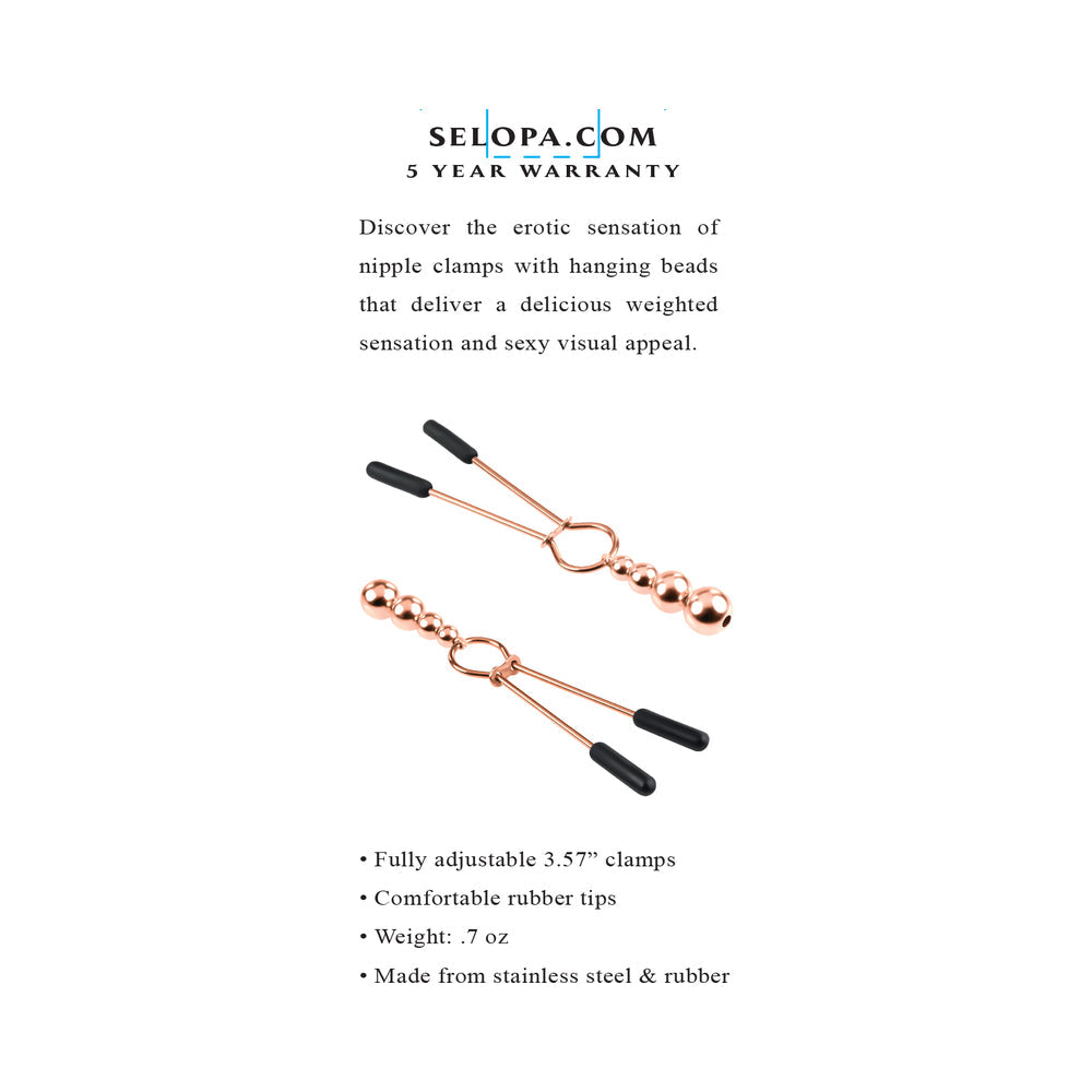 Selopa Beaded Nipple Clamps - Rose Gold - Stainless Steel with Hanging Beads