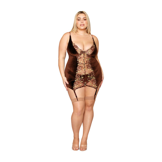 Dreamgirl Stretch Velvet and Embroidered Band Garter Slip and G-String Set - Espresso - 2XL