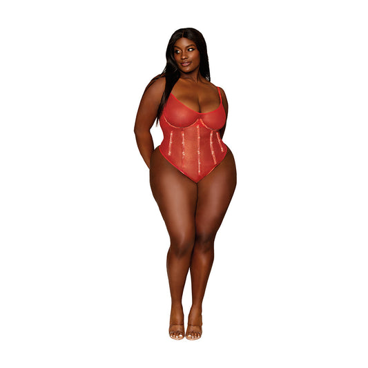 Dreamgirl Gold-foiled Stretch Mesh Teddy with Rhinestone Detailing - Ruby 3XL