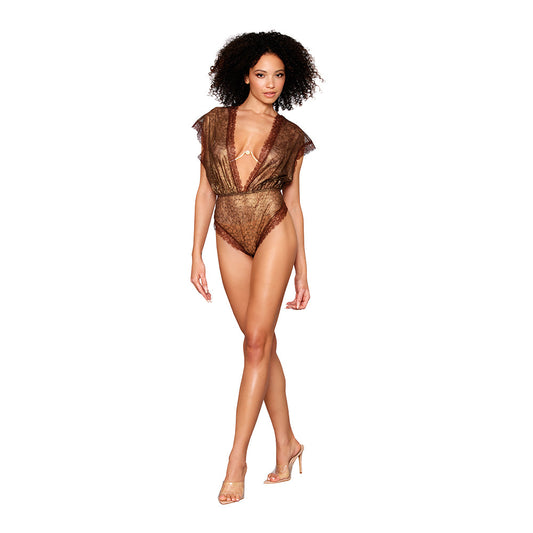 Dreamgirl Delicate Gold-Foil Lace Blouson Teddy & Rhinestone Metal Underwire Bra Set - Gold - XL