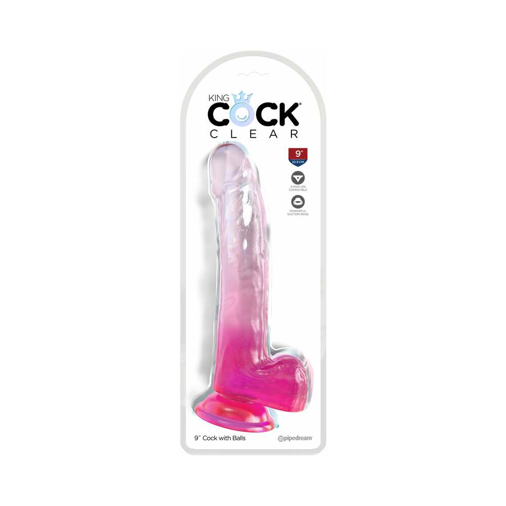 King Cock Clear 9in Dildo with Balls – Translucent Hot Pink