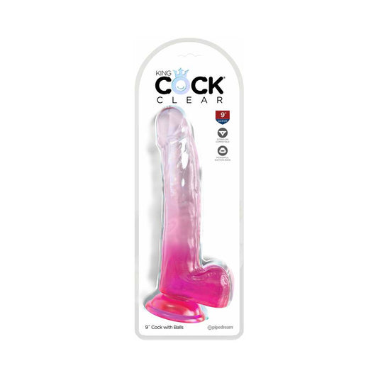 King Cock Clear 9in Dildo with Balls – Translucent Hot Pink