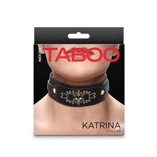 Hustler Taboo Katrina Collar – Adjustable Black Faux Leather Collar with Gold Embellishments