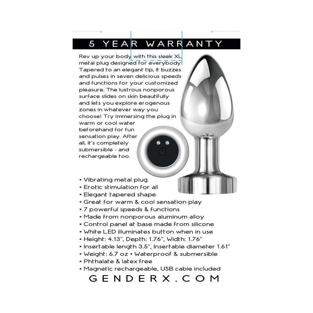 Gender X Rockin' Metal Plug XL Rechargeable Vibrating Anal Plug with 7 Speeds - Silver