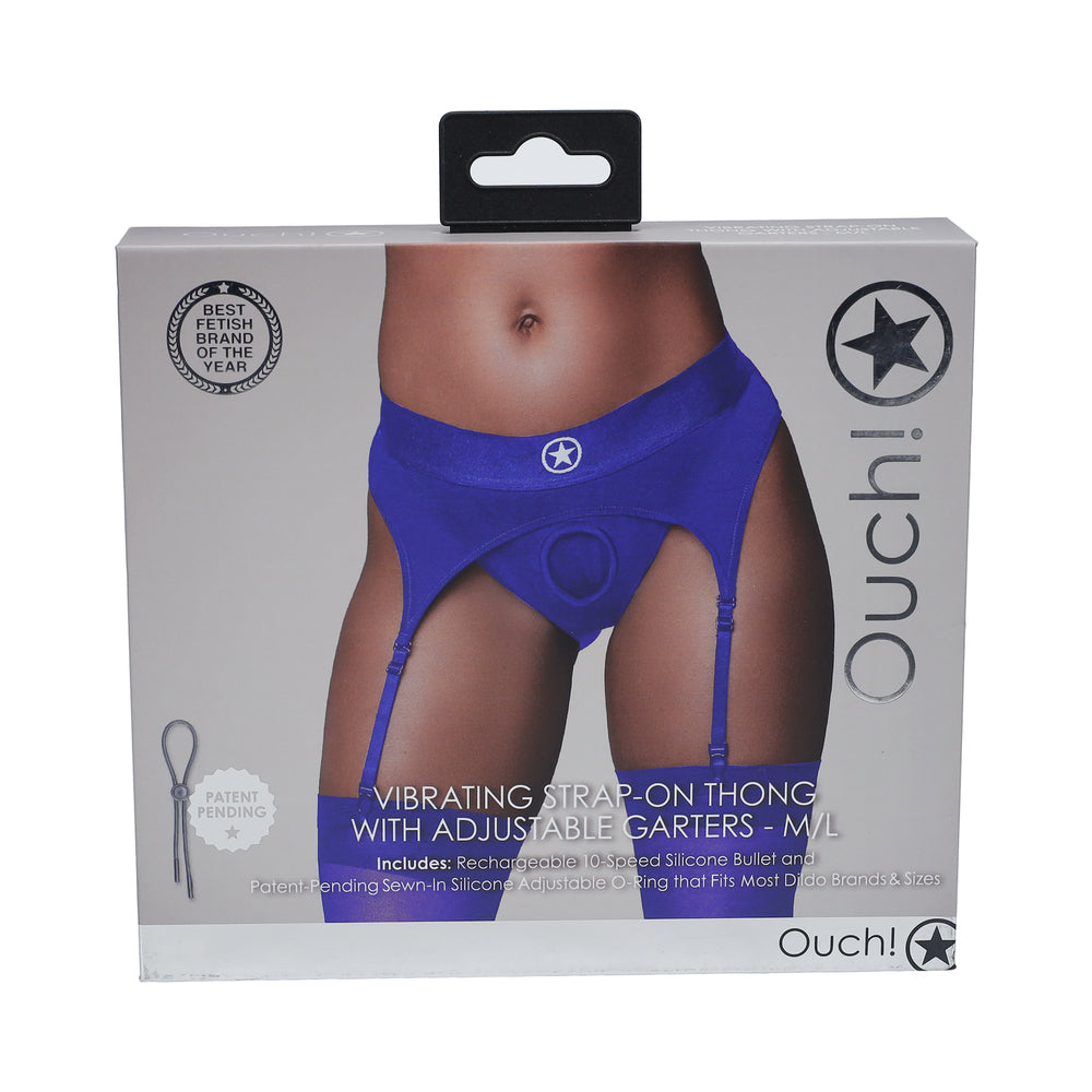 Ouch! Vibrating Strap-on Thong with Adjustable Garters – Royal Blue, M/L