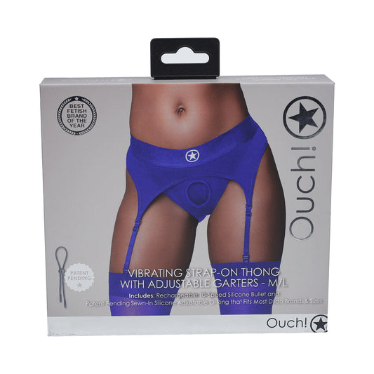 Ouch! Vibrating Strap-on Thong with Adjustable Garters – Royal Blue, M/L