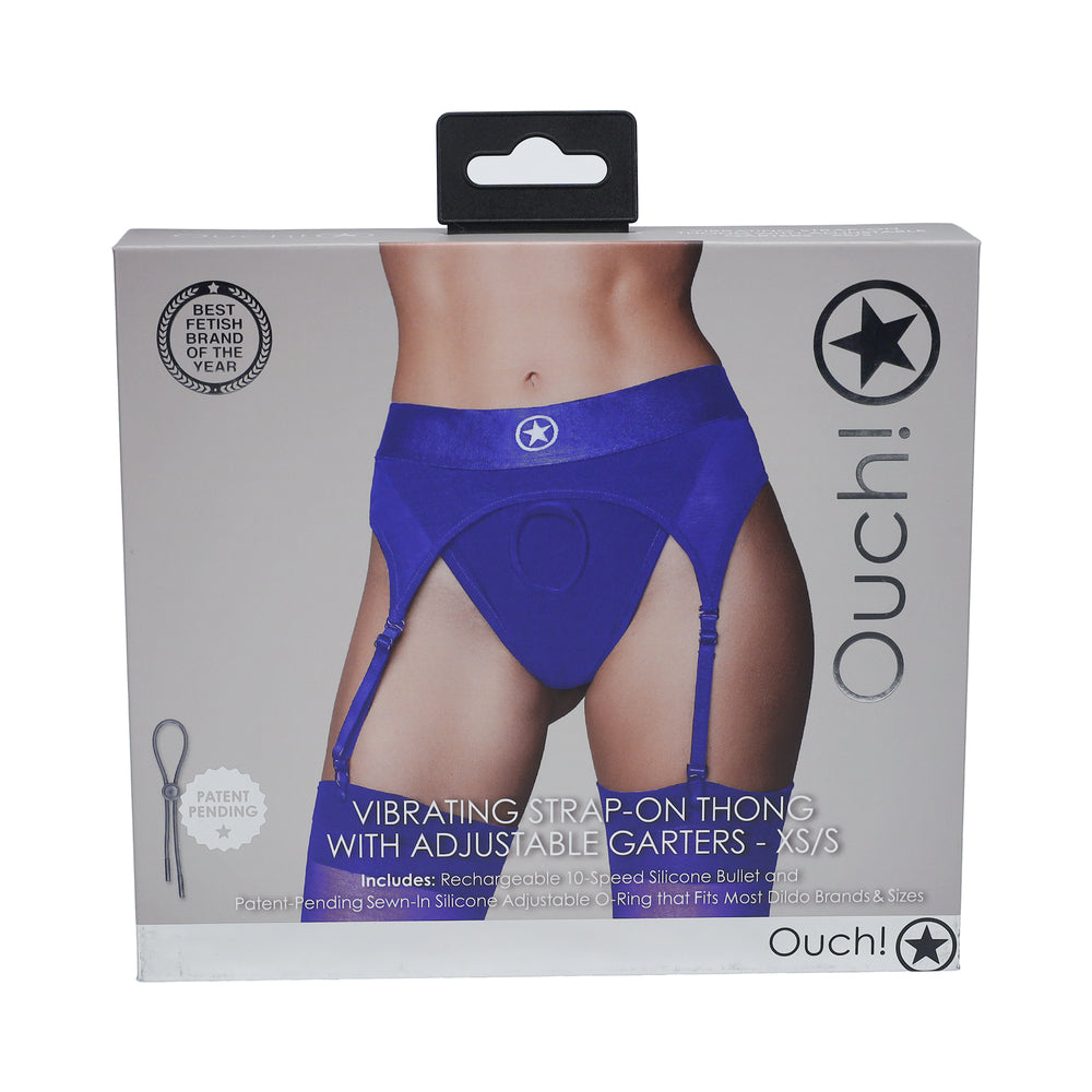 Ouch! Vibrating Strap-on Thong with Adjustable Garters – Royal Blue, XS/S