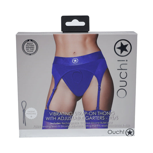 Ouch! Vibrating Strap-on Thong with Adjustable Garters – Royal Blue, XS/S