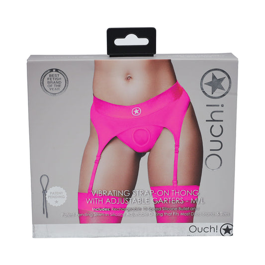 Ouch! Vibrating Strap-on Thong with Adjustable Garters – Pink M/L