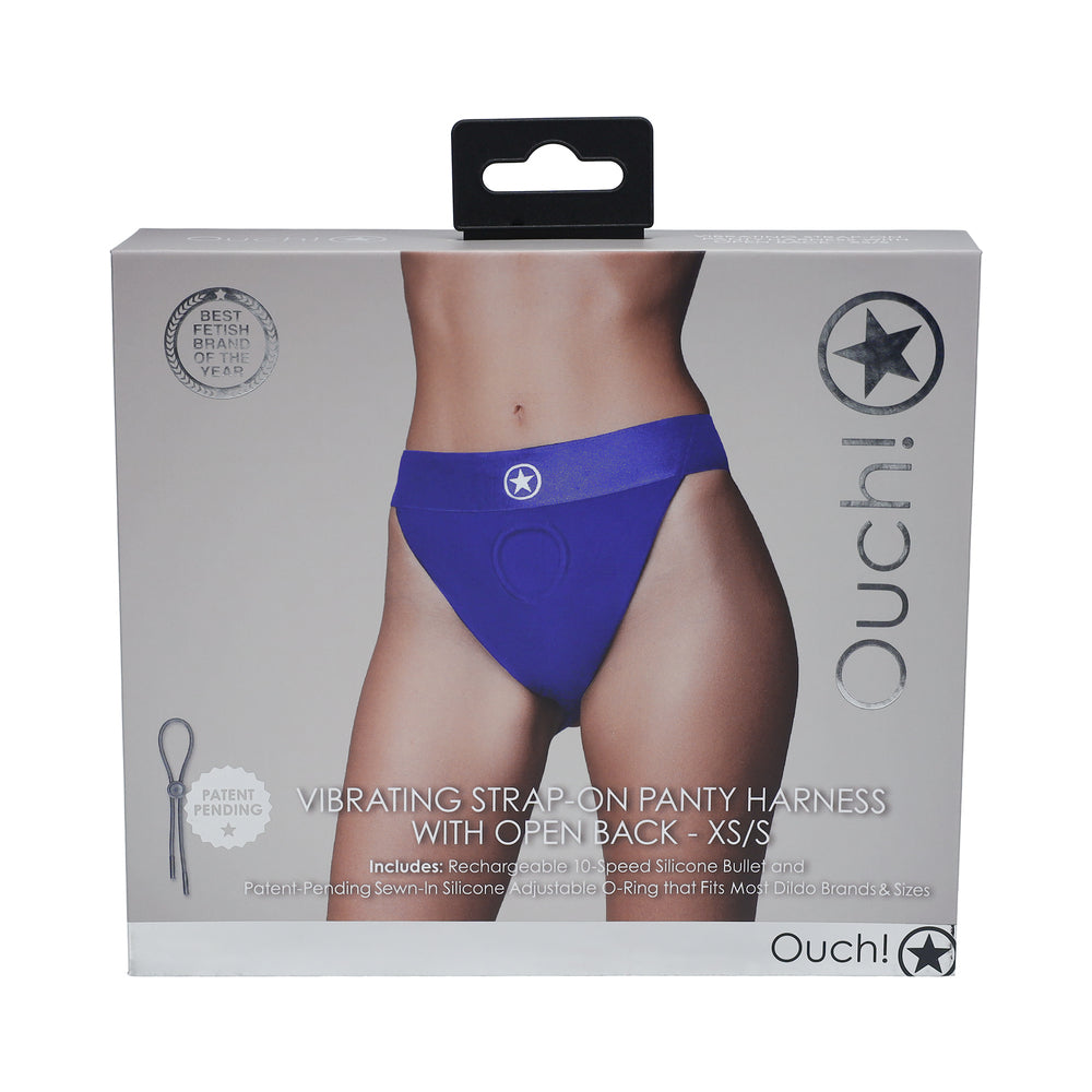 Ouch! Vibrating Strap-on Panty Harness with Open Back – Royal Blue, XS/S