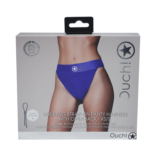 Ouch! Vibrating Strap-on Panty Harness with Open Back – Royal Blue, XS/S