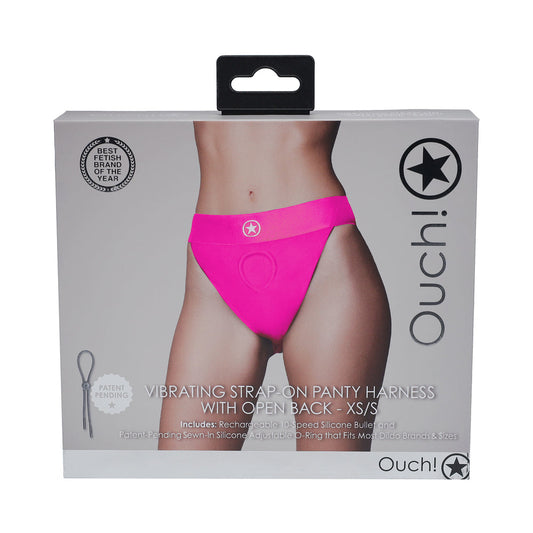 Ouch! Vibrating Strap-on Panty Harness with Open Back – Hot Pink – XS/S