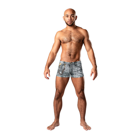 Male Power Dirty Denim Pouch Short – Gray – Denim Print
